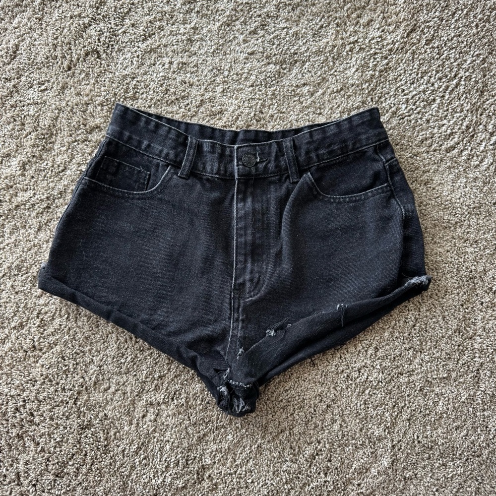 Black High-Waist Denim Shorts with Fire detail on back pocket